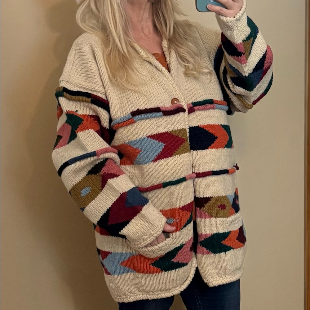 VTG REY WEAR BOLIVIA 100% WOOL SOUTHWESTERN NAVAJO AZTEC SWEATER JACKET
